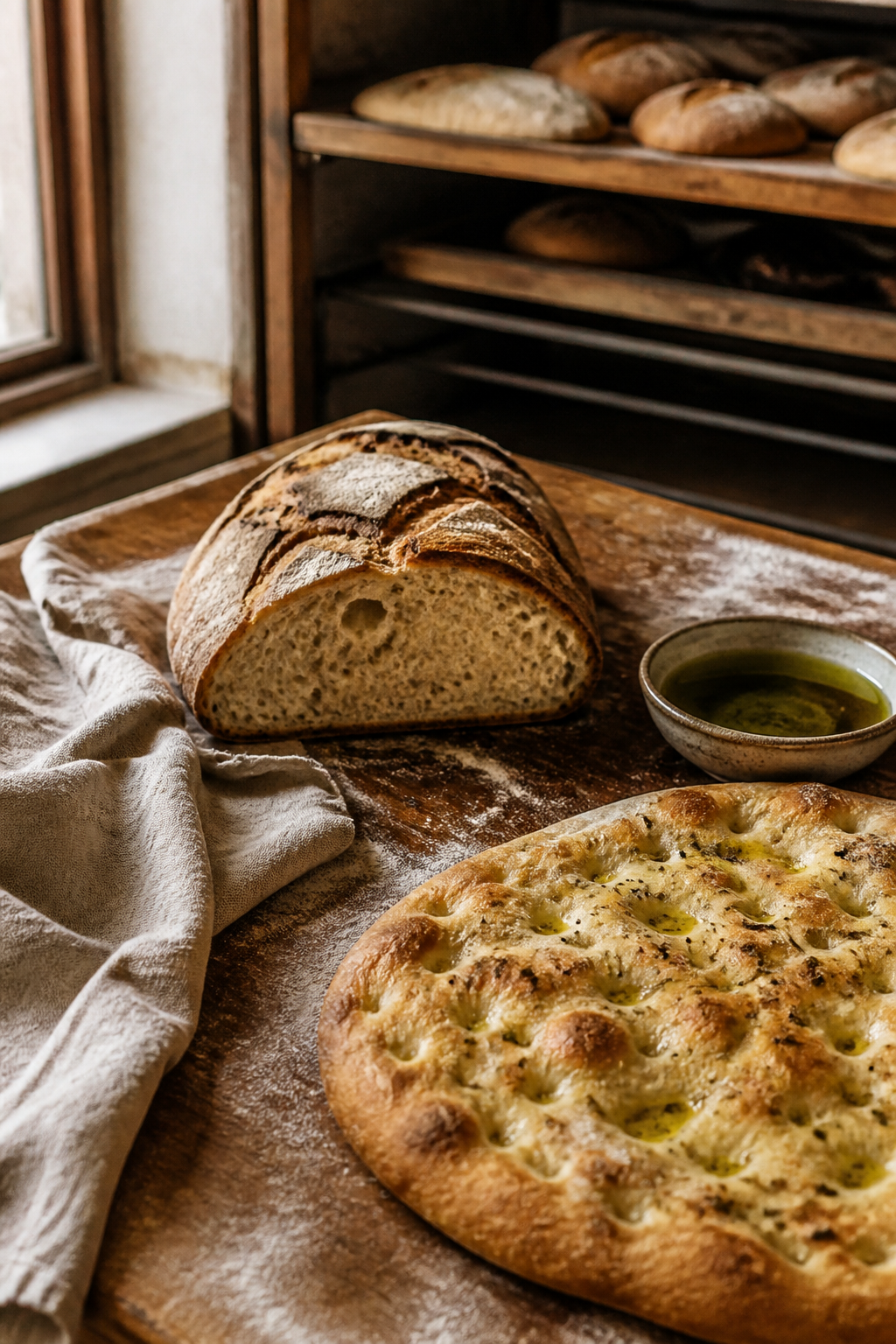 Pane e focaccia sul banco di lavoro