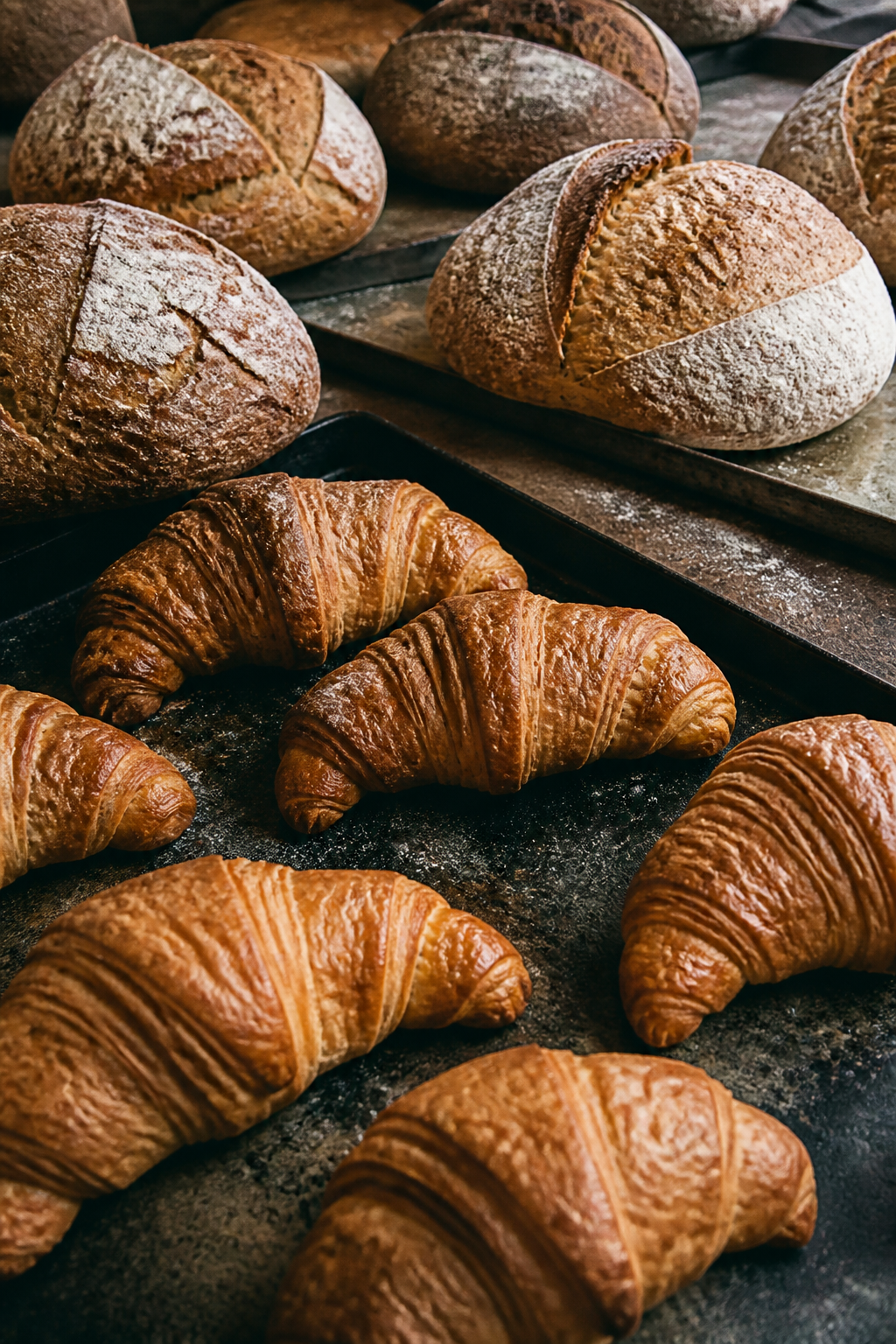 Pagnotte e cornetti sulle teglie