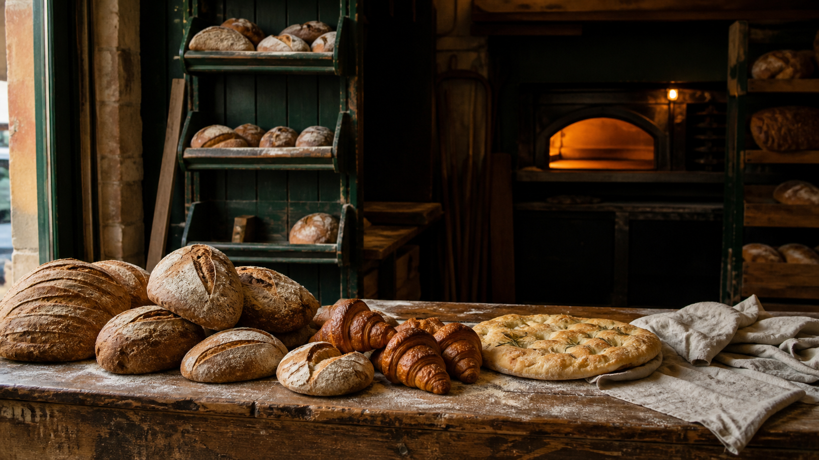 Pane, cornetti e focaccia sul banco di un forno di quartiere