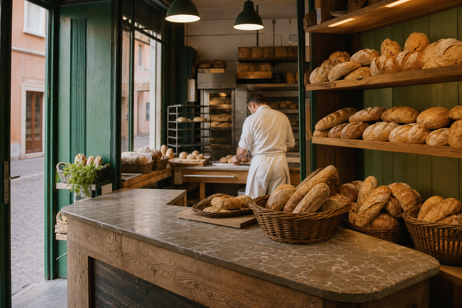 Interno del forno Sottoportico con il pane sugli scaffali